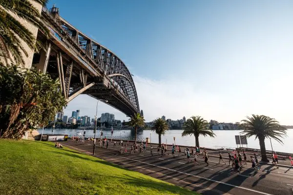 Coureurs du Sydney Marathon qui longent le Sydney Harbour et passent sous le Sydney Harbour Bridge, entourés de palmiers et sous un ciel bleu.